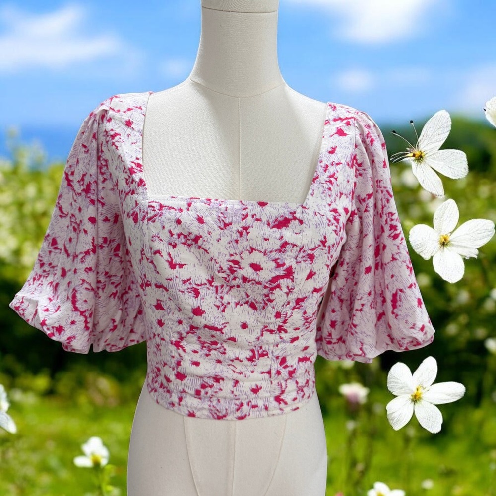 Open Edit Pink Floral Linen‎ Blend Puff Sleeve Square Neck XS Top Cottagecore